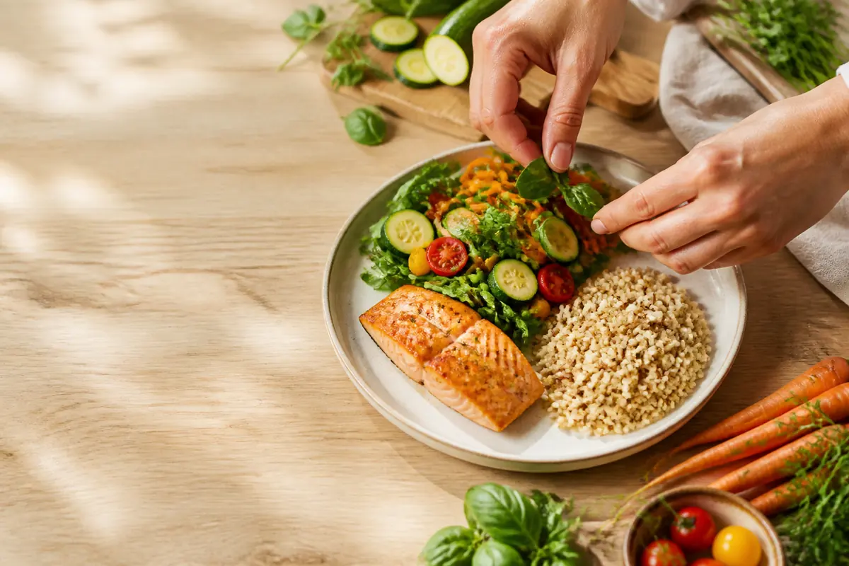 Assiette équilibrée de légumes, saumon et céréales dressée sans balance ni comptage