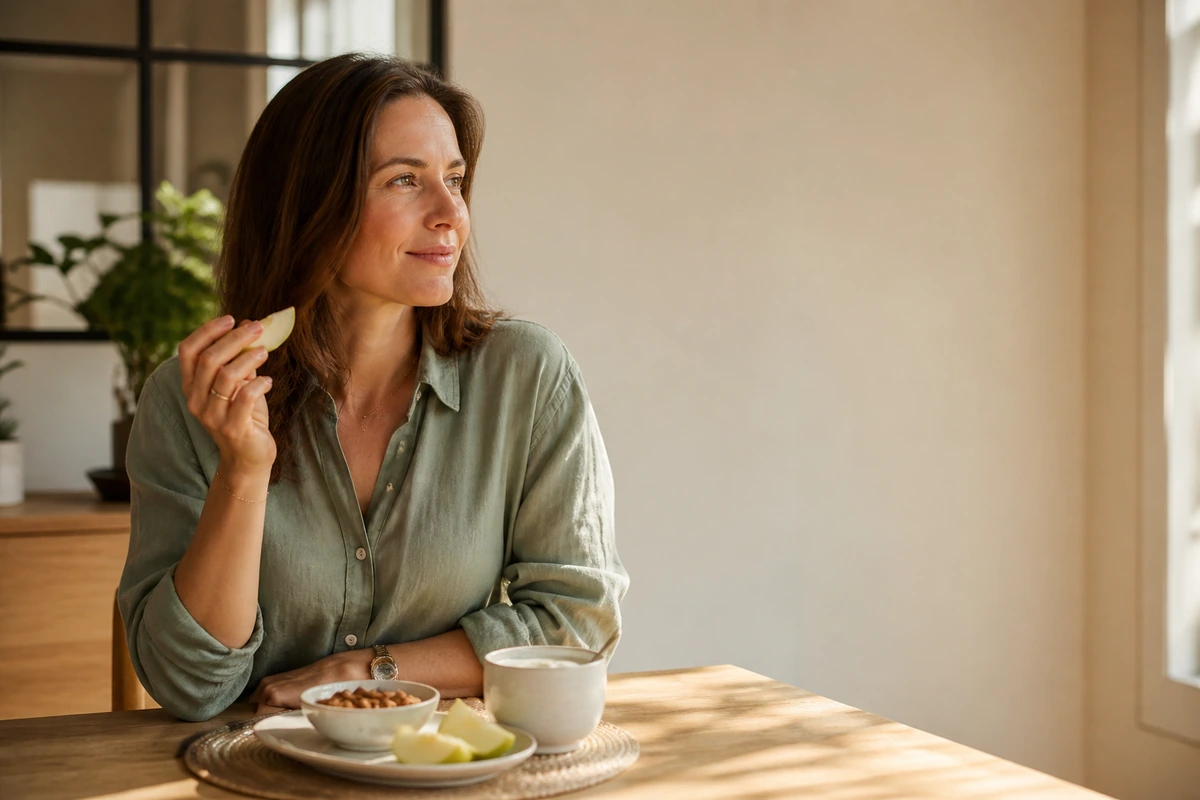 Femme prenant une collation posée d'amandes, de pomme et de yaourt en fin d'après-midi