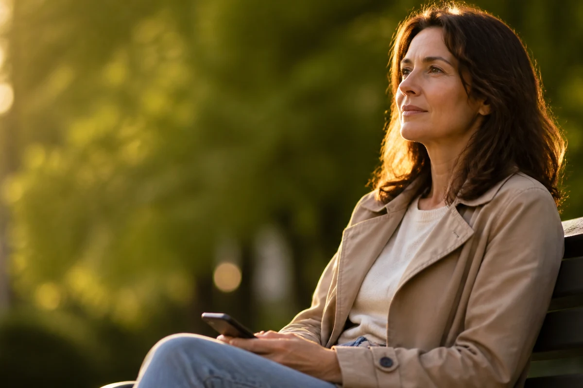Femme assise sur un banc de parc en fin de journée, songeuse, après s'être renseignée sur les traitements GLP-1