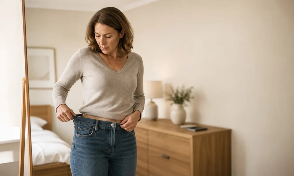 Femme devant son miroir écartant la ceinture de son jean devenu trop large à la taille après plusieurs semaines de traitement