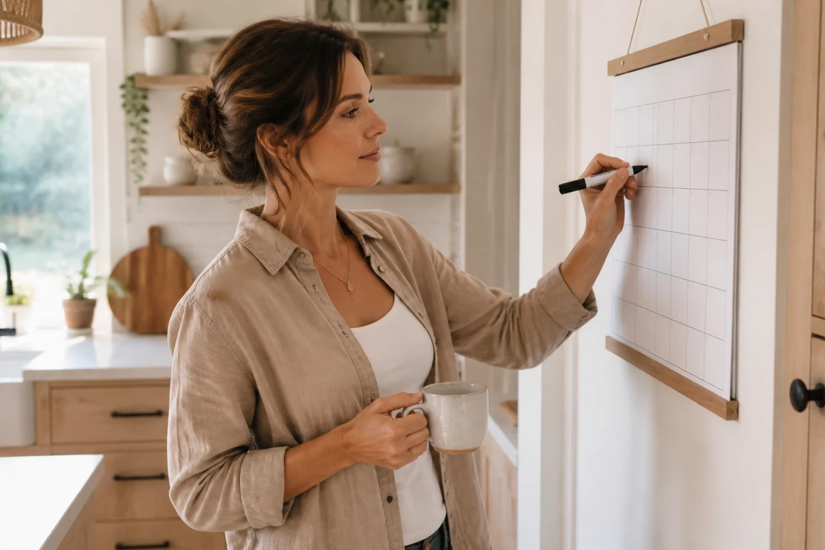 Femme notant le jour de son injection hebdomadaire sur un calendrier mural, dans sa cuisine le matin