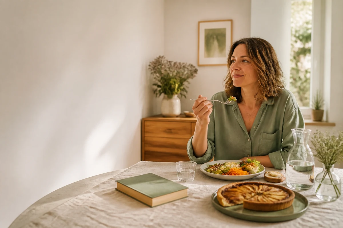 Femme attablée savourant un repas complet avec une part de tarte, alimentation sans régime strict