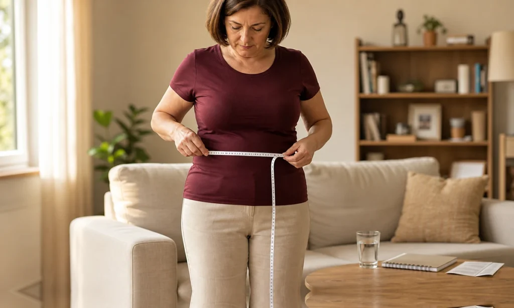 Femme mesurant son tour de taille par-dessus son t-shirt dans son salon, carnet de suivi et notice de médicament posés sur la table basse