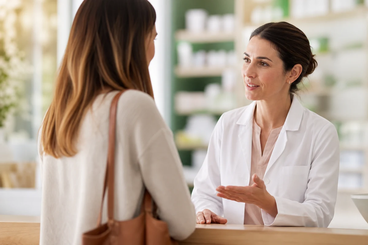 Femme au comptoir d'une pharmacie écoutant une pharmacienne lui expliquer la différence entre un médicament pour maigrir et un complément