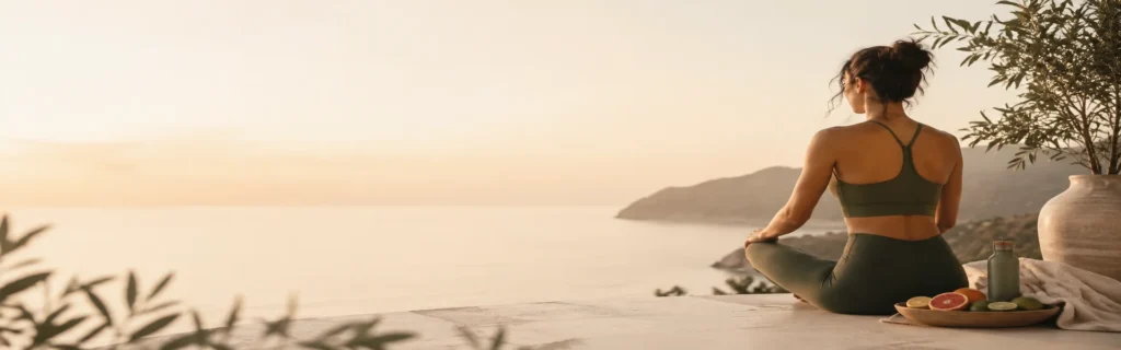 Femme assise face à la mer au coucher du soleil, moment calme
