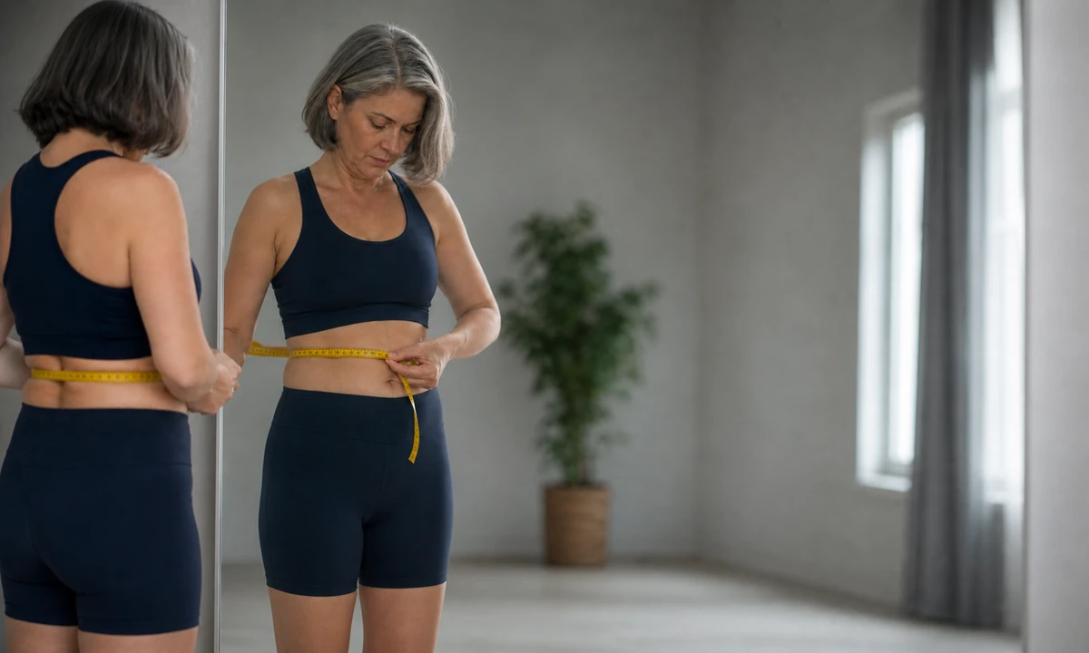 Femme en tenue de sport mesurant son tour de taille au mètre ruban devant un miroir, dans le cadre du suivi de sa perte de poids