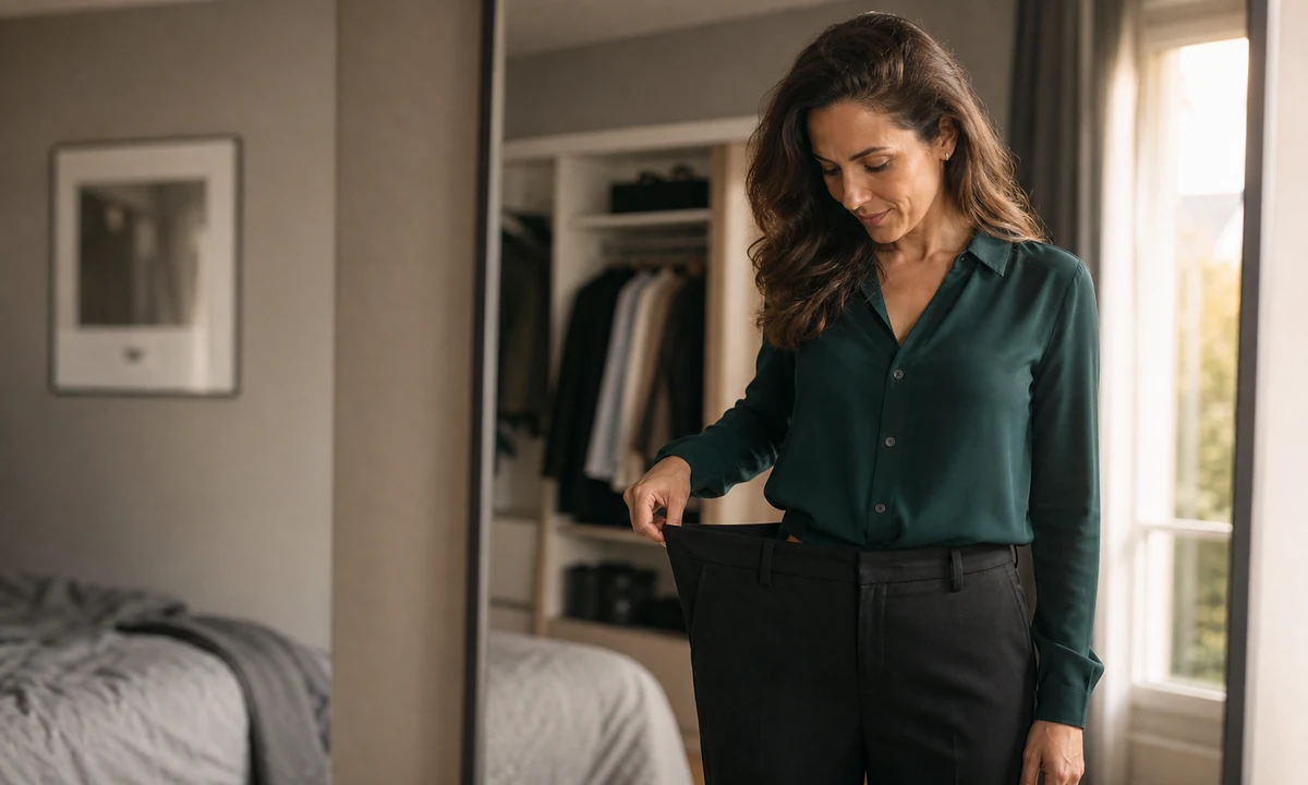 Femme réessayant un pantalon habillé qui flotte désormais à la taille, tenant le tissu écarté d'une main