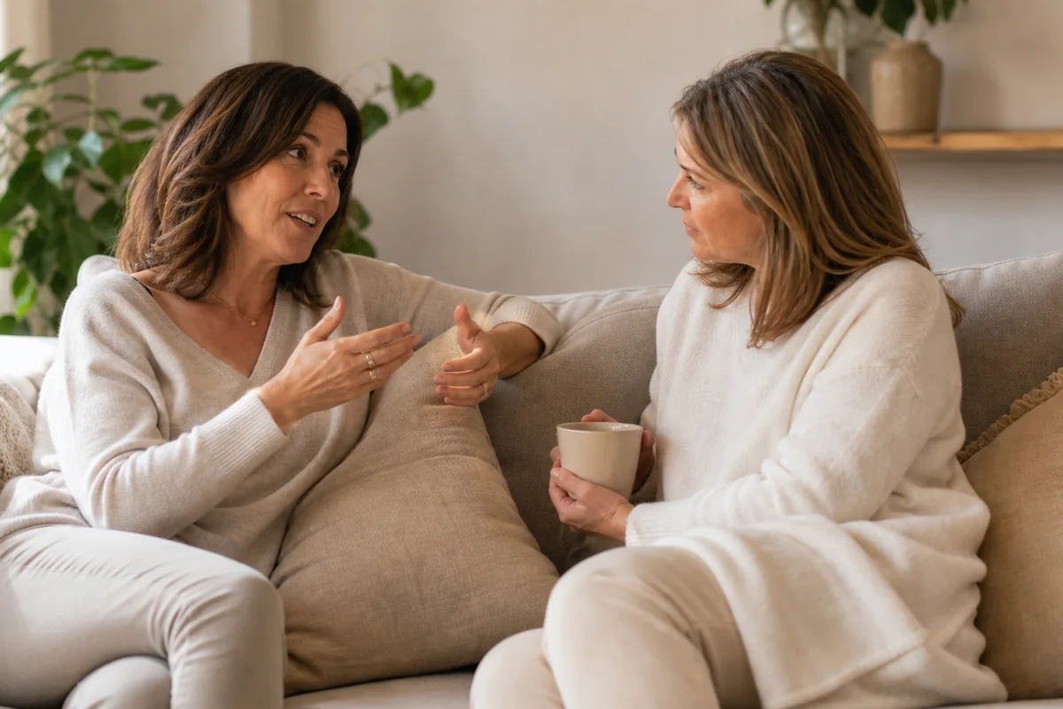 Deux amies discutant sur un canapé, l'une expliquant à l'autre ce qu'elle a entendu dire sur Ozempic et la perte de poids
