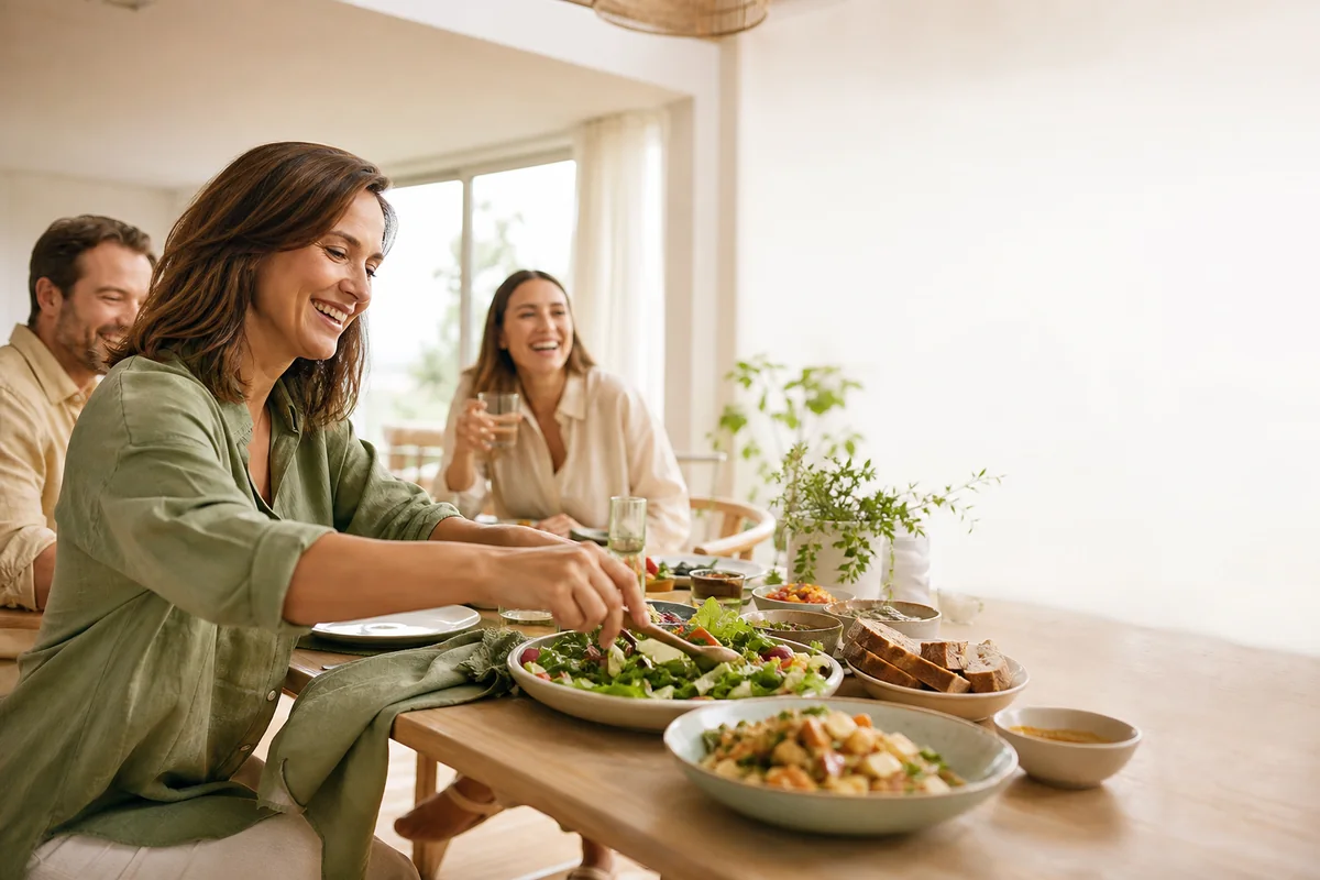 Repas convivial partagé entre adultes souriants, perdre du poids sans privation ni culpabilité