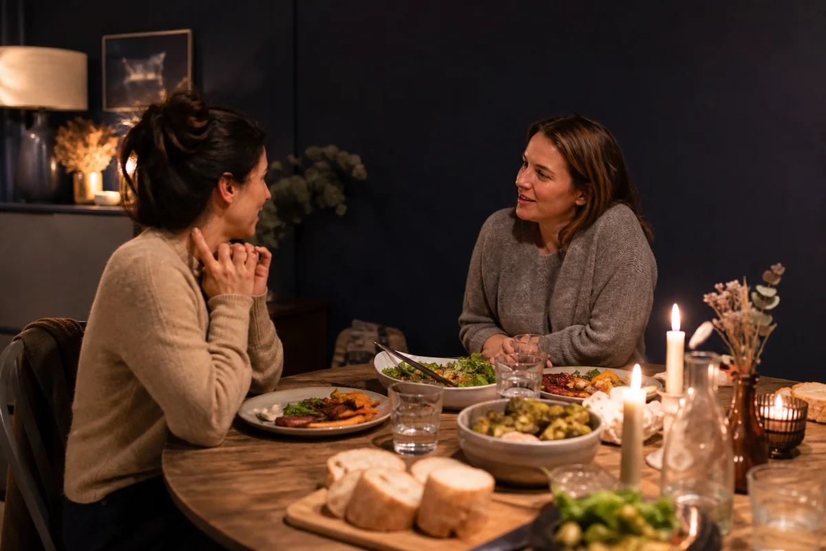 Deux femmes en conversation autour d'un dîner partagé, plats généreux au centre de la table