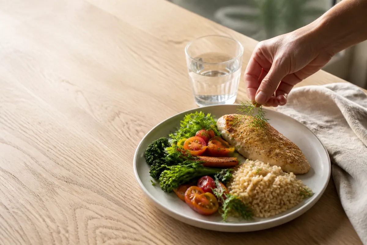 Assiette de poulet, légumes et céréales en portions justes, sans balance ni ustensile de mesure