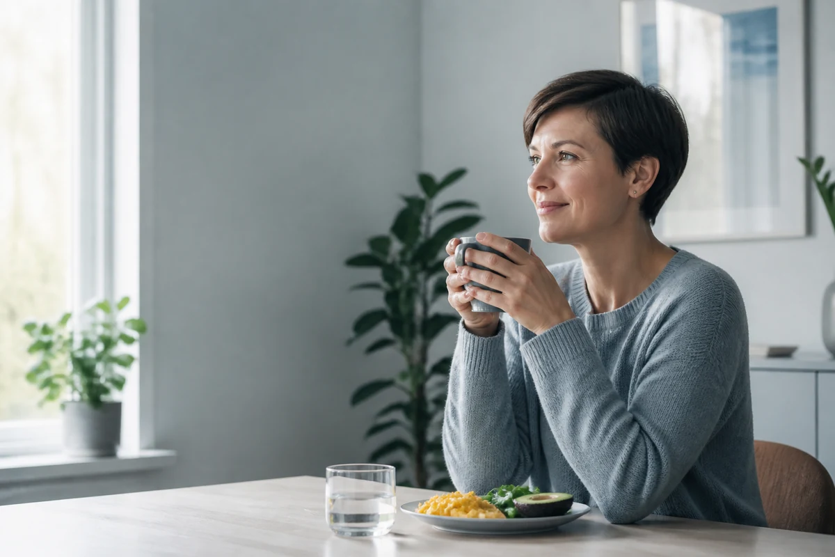 Femme au petit-déjeuner devant une assiette d'œufs brouillés et d'avocat, tasse de café à la main