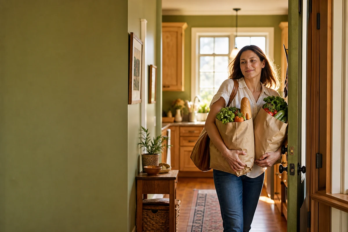 Femme rentrant chez elle avec deux sacs de courses en papier remplis de légumes et de produits frais