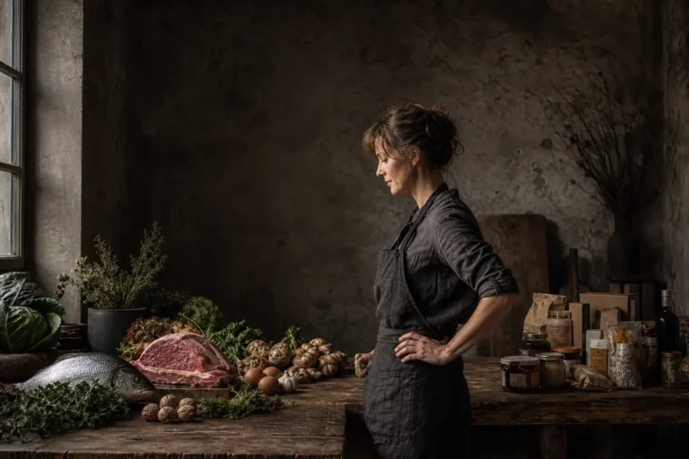 Femme devant un plan de travail chargé d'aliments bruts, viande, poisson, œufs, légumes racines et noix