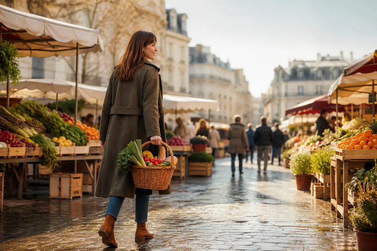 Femme marchant dans un marché de plein air, panier de légumes et de fruits frais à la main