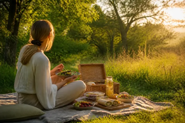 Femme assise sur une couverture dans un parc au coucher du soleil devant un repas frais et varié