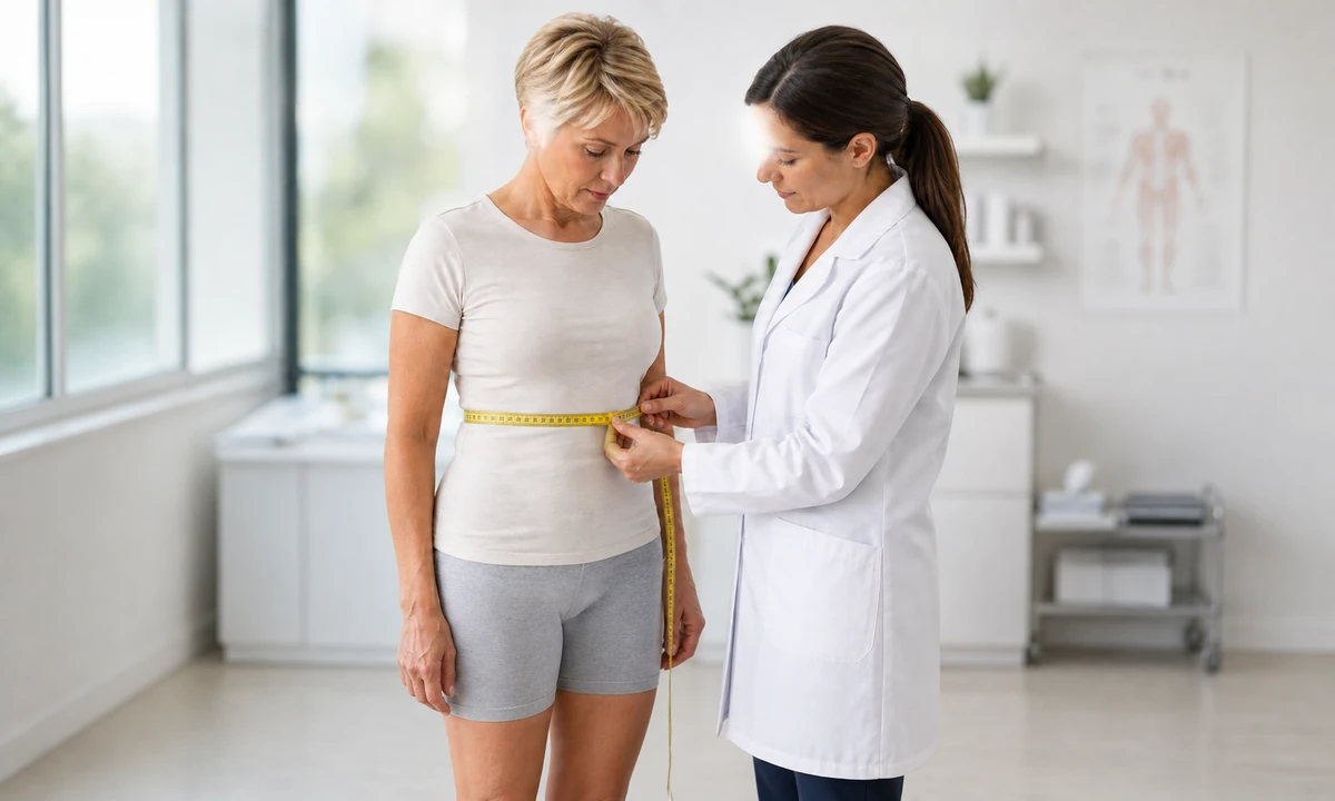 Une soignante mesure le tour de taille d'une femme avec un mètre ruban dans un cabinet médical clair, dans le cadre du suivi d'un traitement du poids