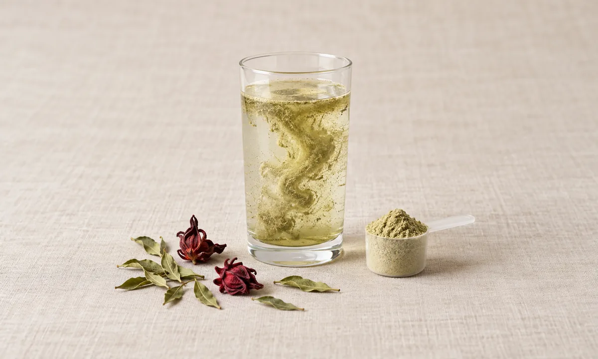 Verre d’eau dans lequel une poudre de plantes est remuée, près d’une dosette, de feuilles de verveine et de fleurs d’hibiscus séchées