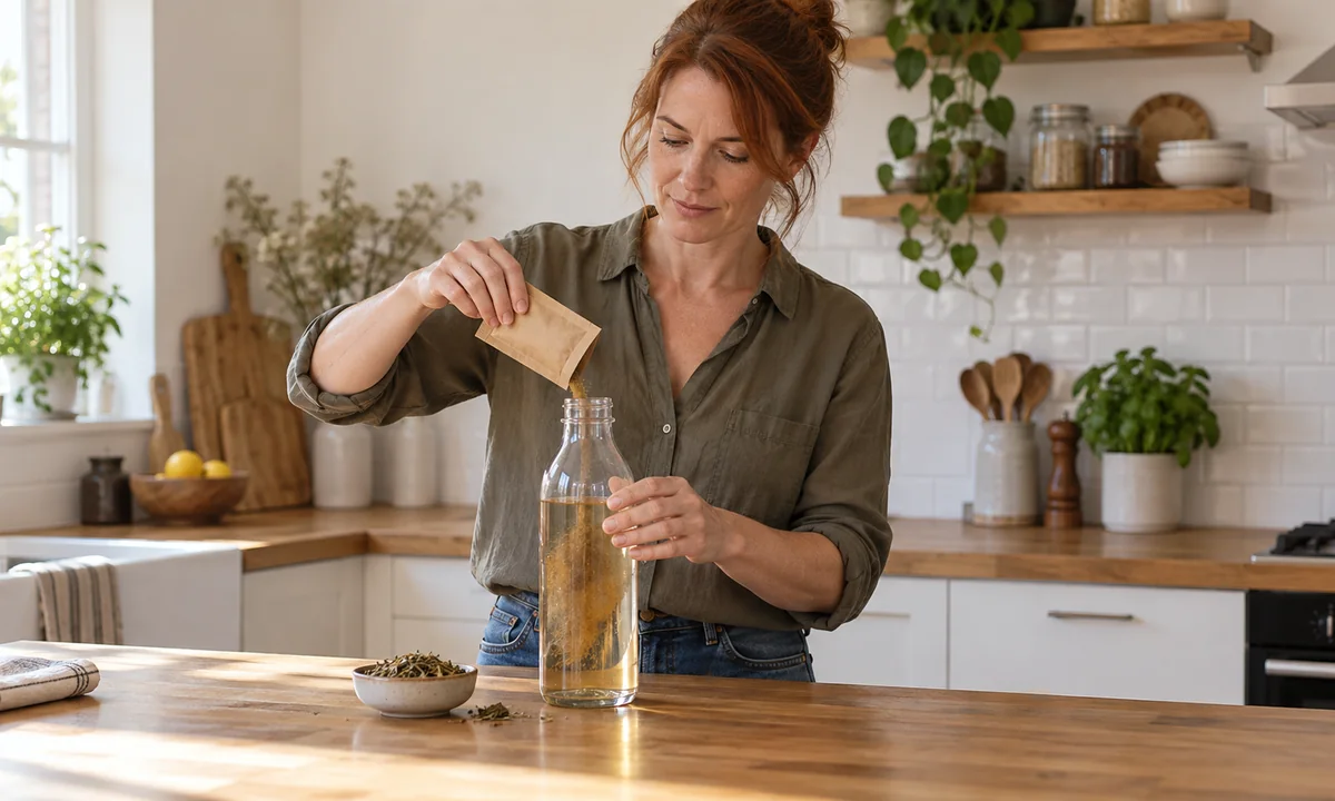 Femme versant un sachet de plantes dans une grande bouteille d'eau posée sur le plan de travail de sa cuisine