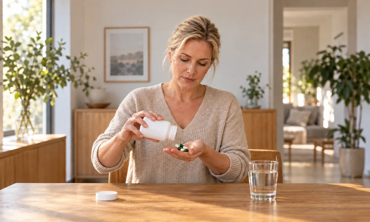 Femme versant des gélules d'un flacon neutre dans le creux de sa main, un verre d'eau posé sur la table