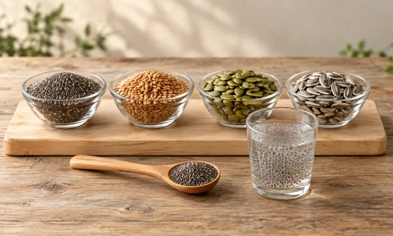 Quatre bols de graines différentes — chia, lin, courge, tournesol — une cuillère dosée et un verre où le chia a gonflé en gel
