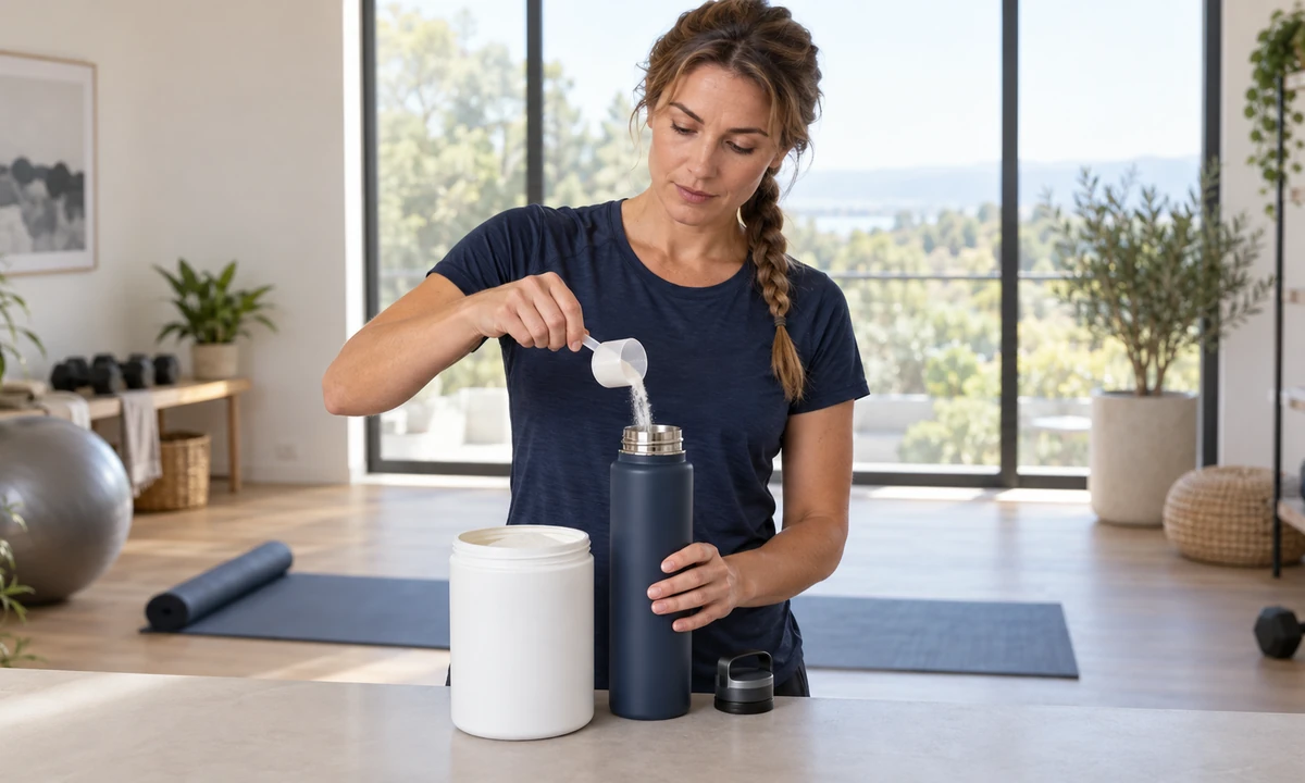 Femme en tenue de sport versant une dosette de poudre dans une gourde, dans une pièce aménagée pour l'exercice