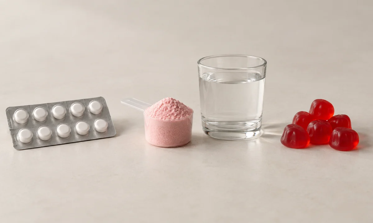 Trois formats de complément alimentaire alignés : plaquette de comprimés, dosette de poudre et gommes à mâcher