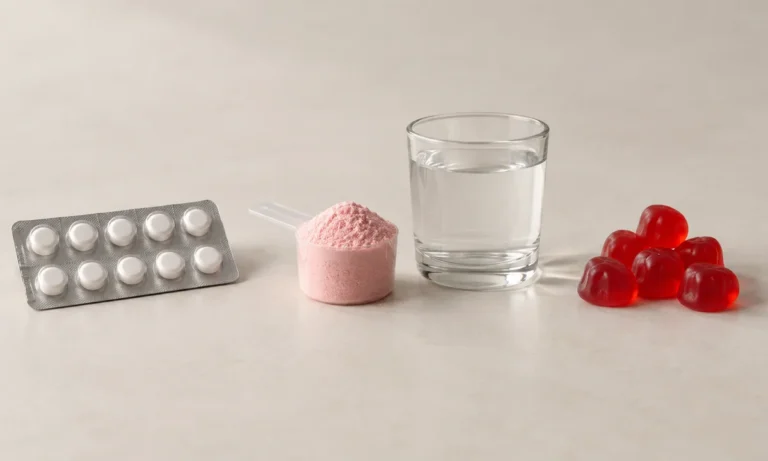 Trois formats de complément alimentaire alignés : plaquette de comprimés, dosette de poudre et gommes à mâcher