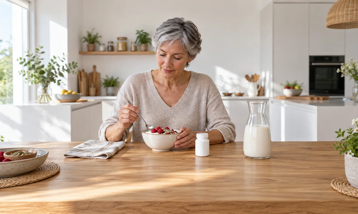 Femme prenant un petit-déjeuner à base de yaourt et de graines, un flacon de probiotiques neutre posé à côté du bol