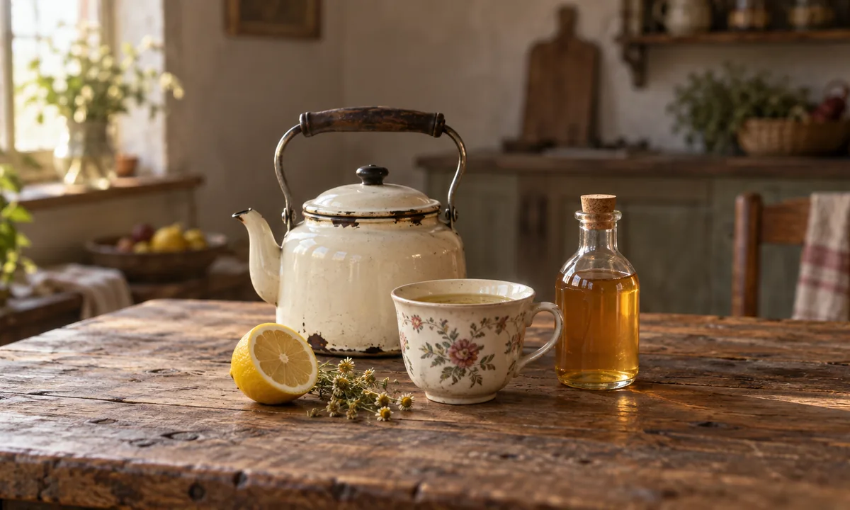 Bouilloire en émail ancienne, tasse en céramique fleurie remplie d’infusion, citron coupé et petite bouteille de vinaigre de cidre