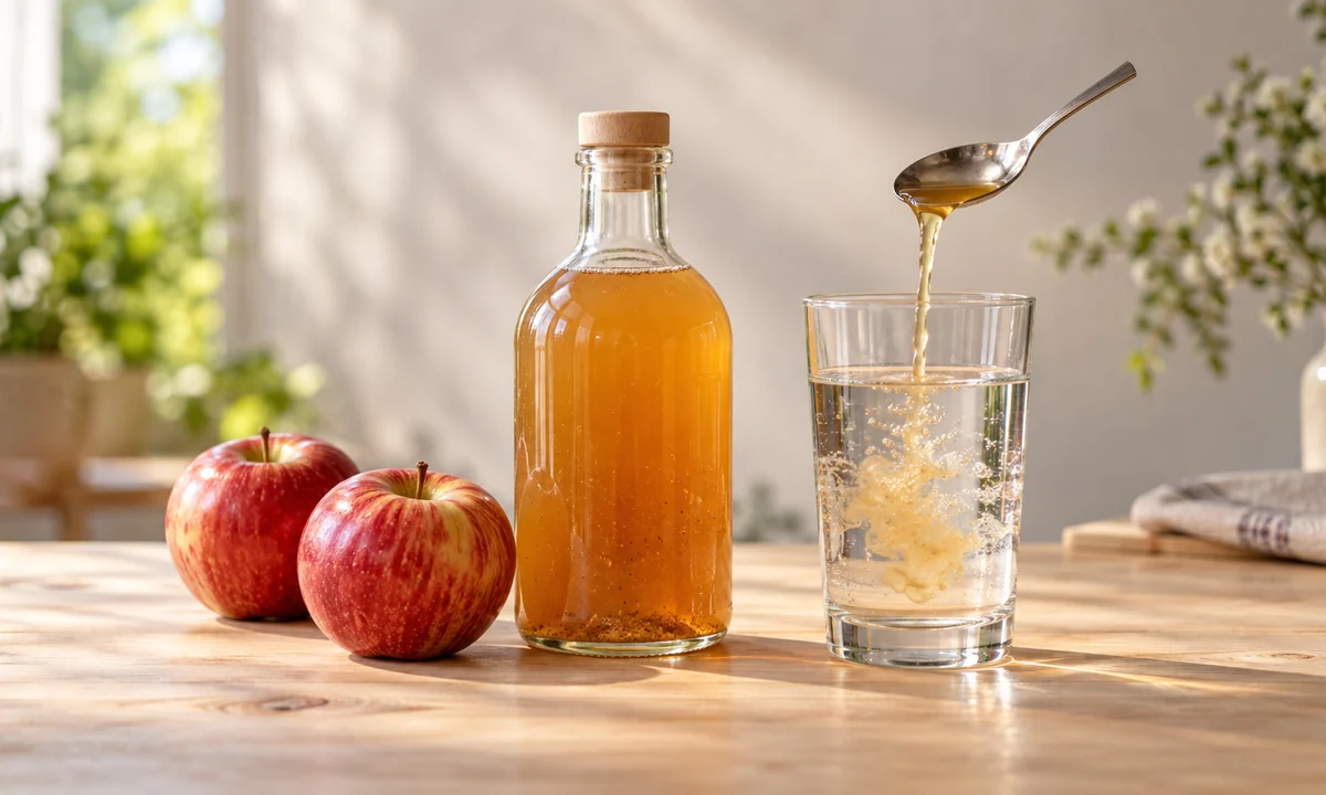 Bouteille de vinaigre de cidre trouble et deux pommes rouges, avec une cuillère versant un filet de vinaigre dans un grand verre d’eau