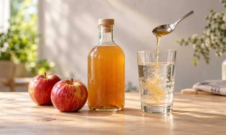 Bouteille de vinaigre de cidre trouble et deux pommes rouges, avec une cuillère versant un filet de vinaigre dans un grand verre d’eau
